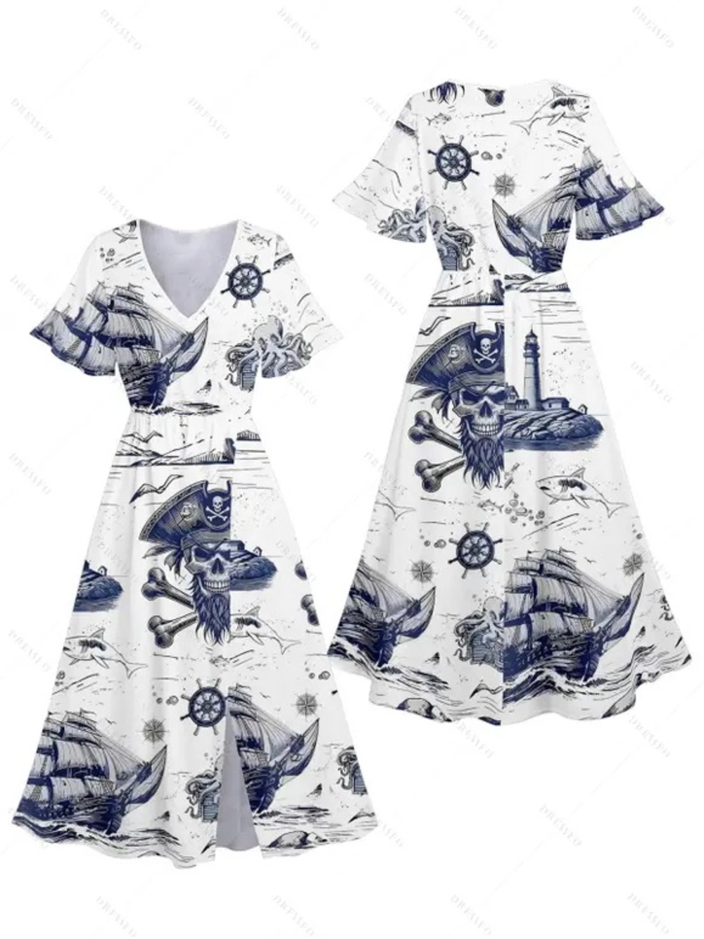Nautical Pirate Ship Print Women’s Dress - White & Navy